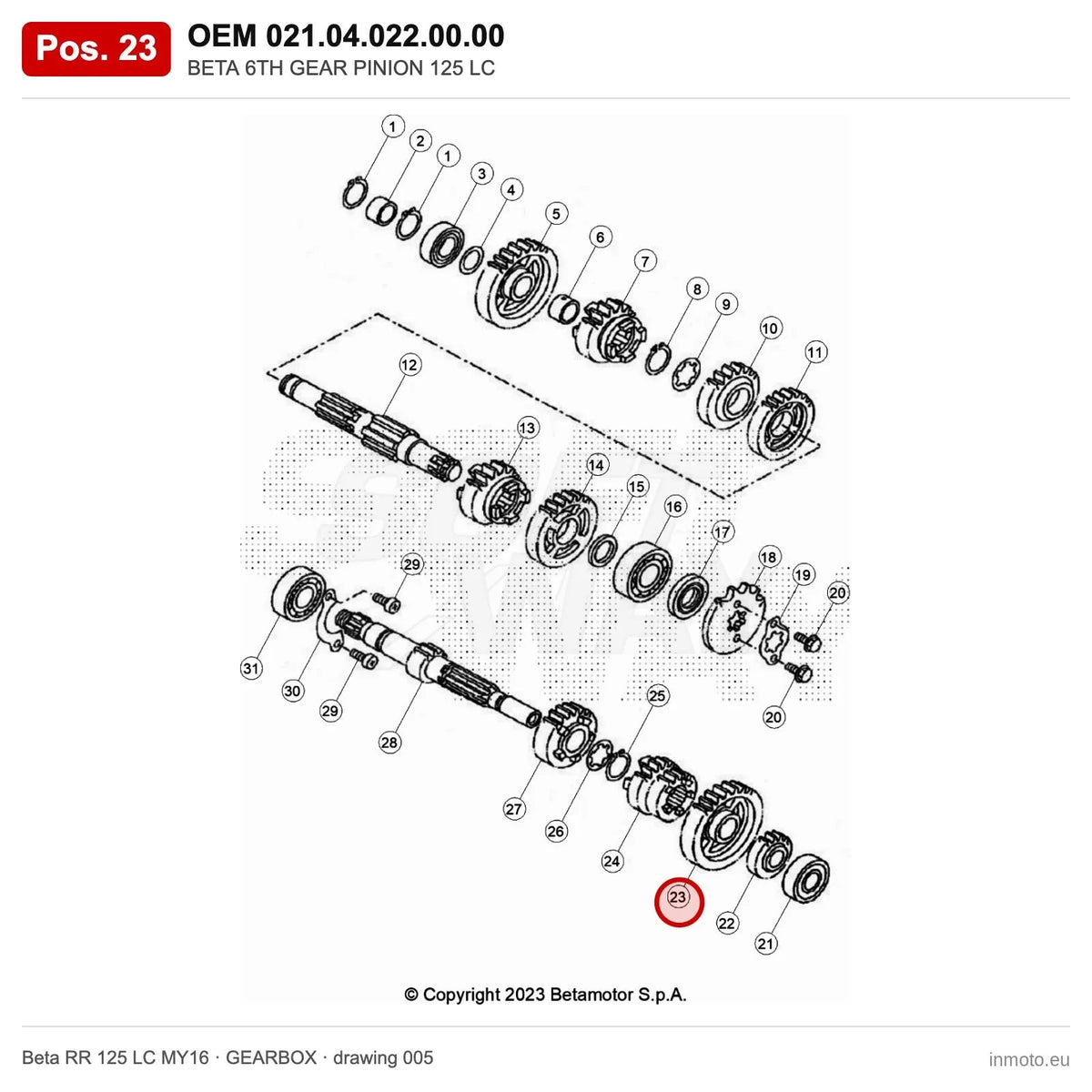 BETA 6TH GEAR PINION 125 LC – OEM 021.04.022.00.00, position 23 on the Beta RR 125 LC MY16 gearbox drawing