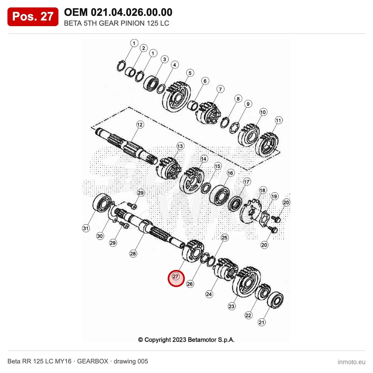 BETA 5TH GEAR PINION 125 LC – OEM 021.04.026.00.00, position 27 on the Beta RR 125 LC MY16 gearbox drawing