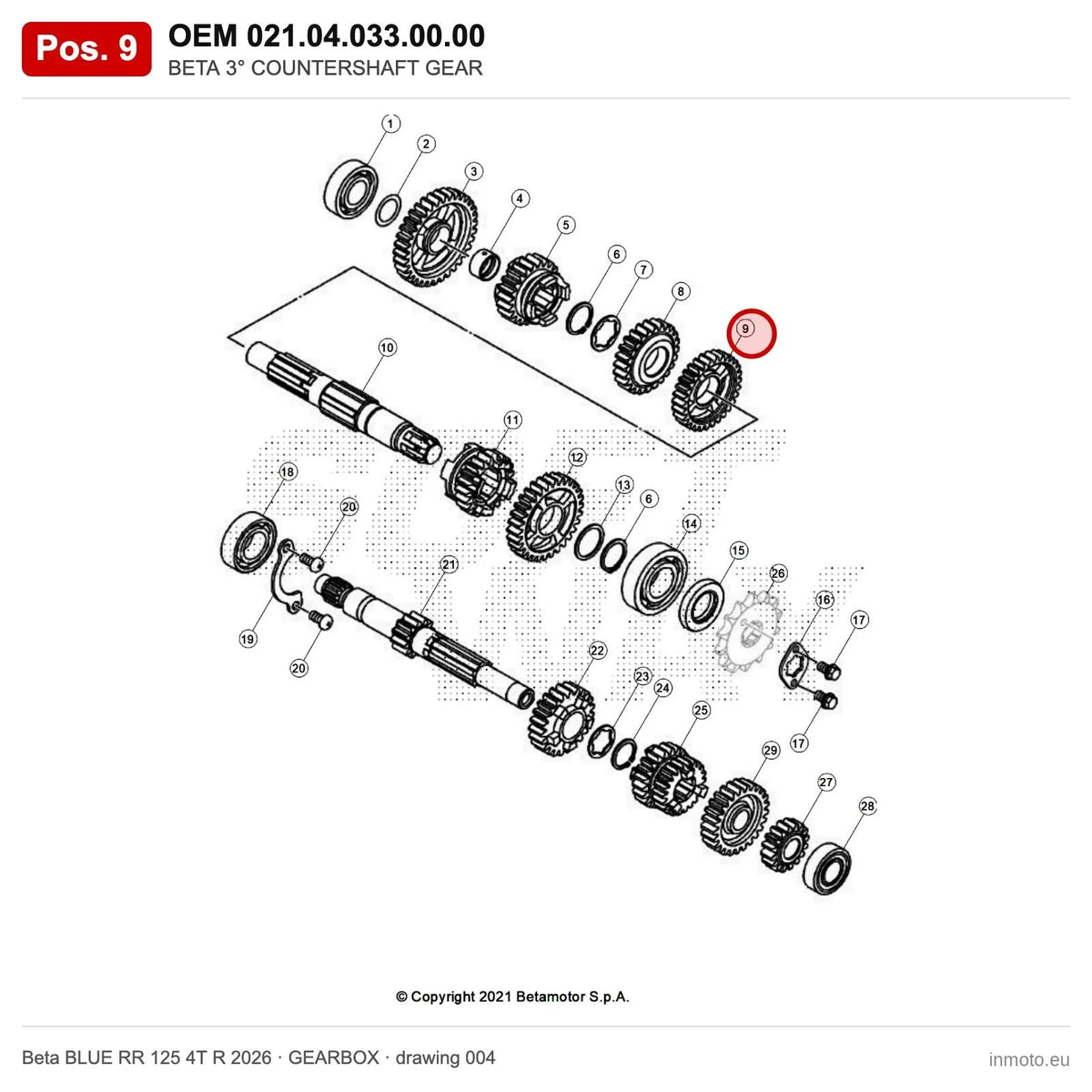 BETA 3° COUNTERSHAFT GEAR – OEM 021.04.033.00.00, position 9 on the Beta BLUE RR 125 4T R 2026 gearbox drawing