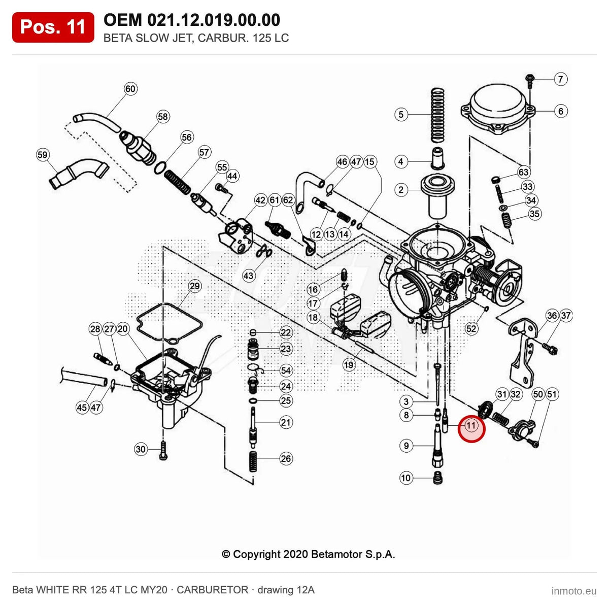 BETA SLOW JET, CARBUR. 125 LC – OEM 021.12.019.00.00, position 11 on the Beta WHITE RR 125 4T LC MY20 carburetor drawing