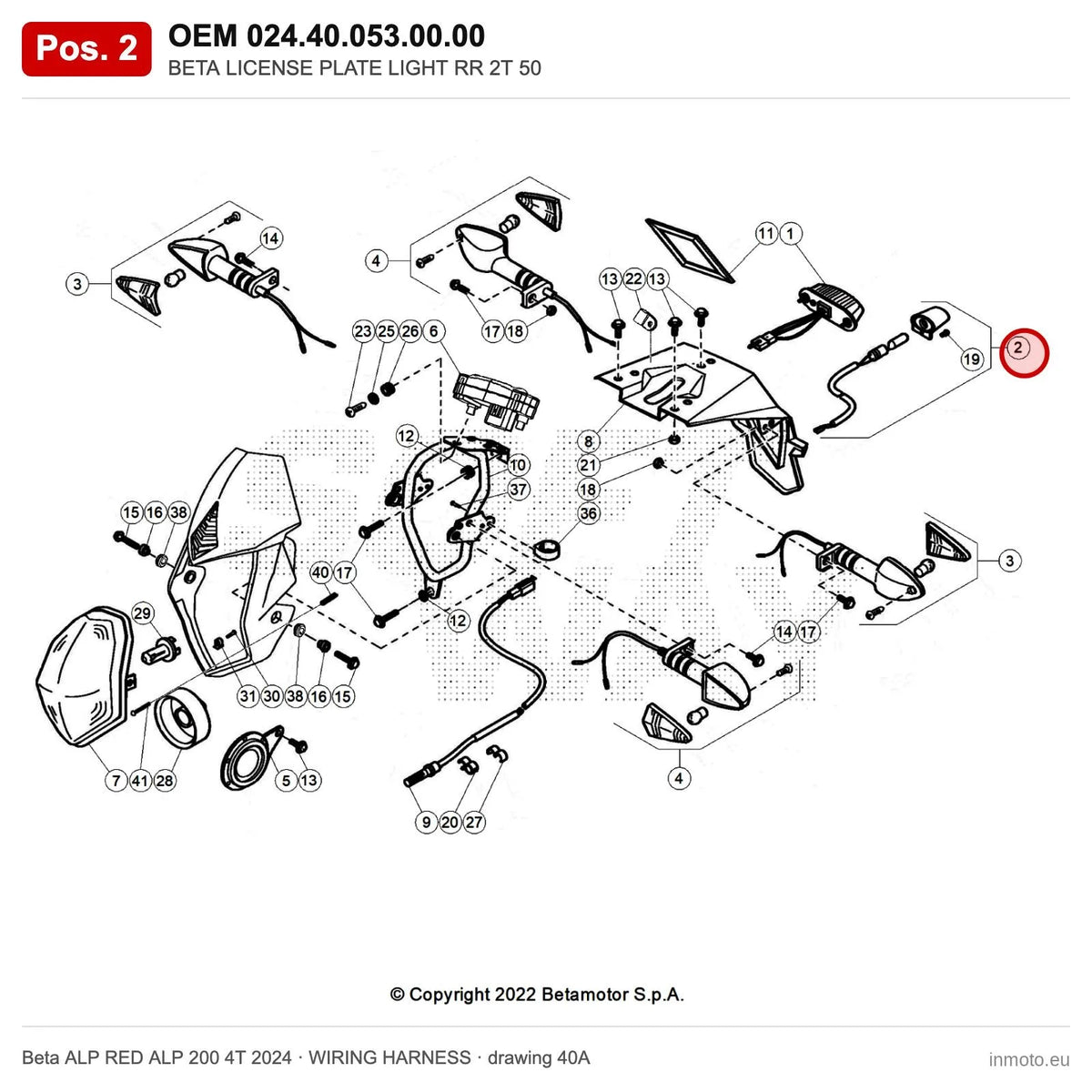 BETA LICENSE PLATE LIGHT RR 2T 50 – OEM 024.40.053.00.00, position 2 on the Beta ALP RED ALP 200 4T 2024 wiring harness drawing