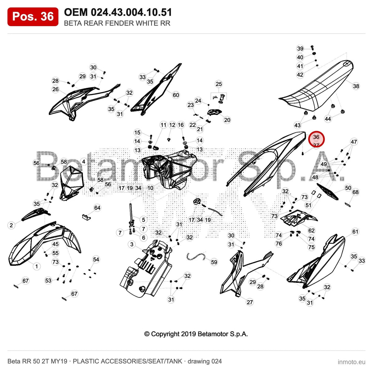 BETA REAR FENDER WHITE RR – OEM 024.43.004.10.51, position 36 on the Beta RR 50 2T MY19 plastic accessories/seat/tank drawing