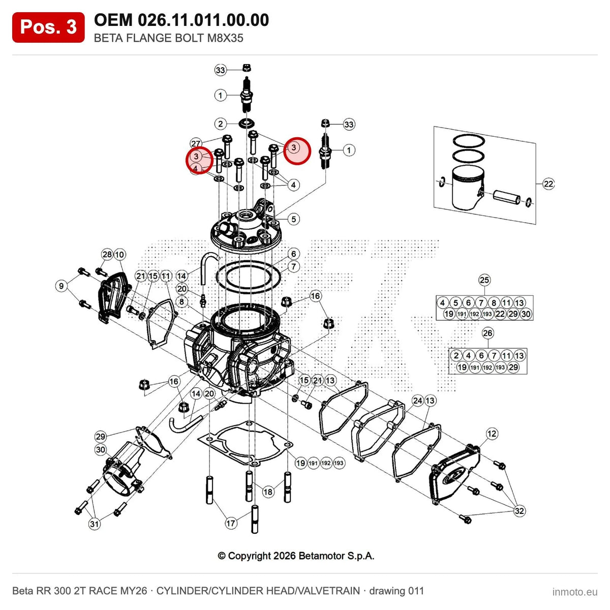 BETA FLANGE BOLT M8X35 – OEM 026.11.011.00.00, position 3 on the Beta RR 300 2T RACE MY26 cylinder/cylinder head/valvetrain drawing