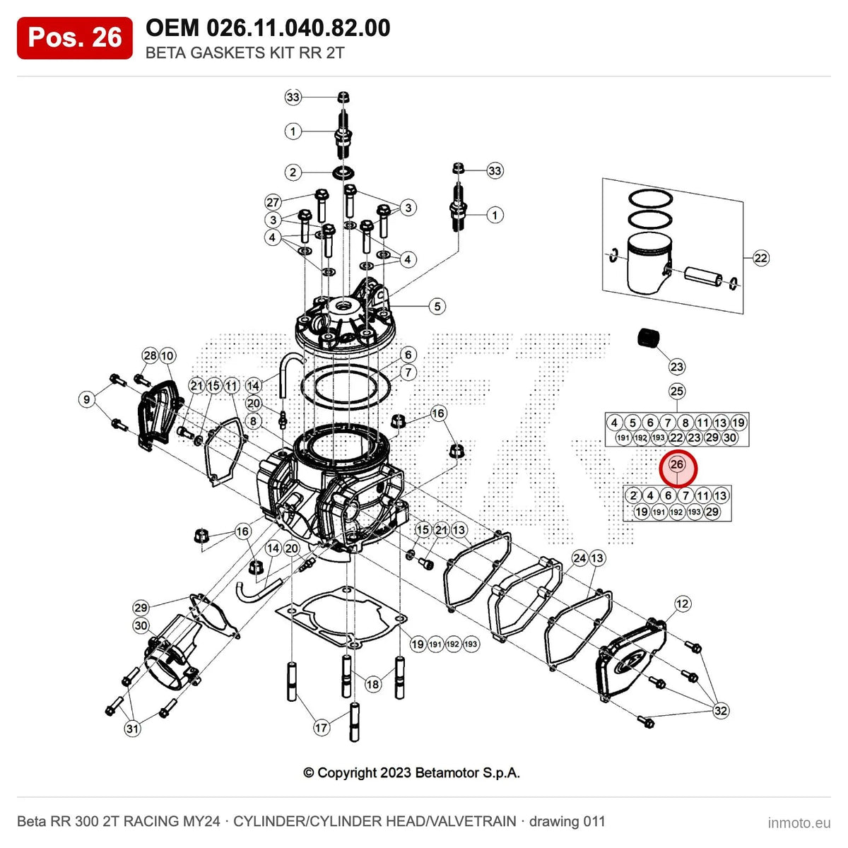 BETA GASKETS KIT RR 2T – OEM 026.11.040.82.00, position 26 on the Beta RR 300 2T RACING MY24 cylinder/cylinder head/valvetrain drawing