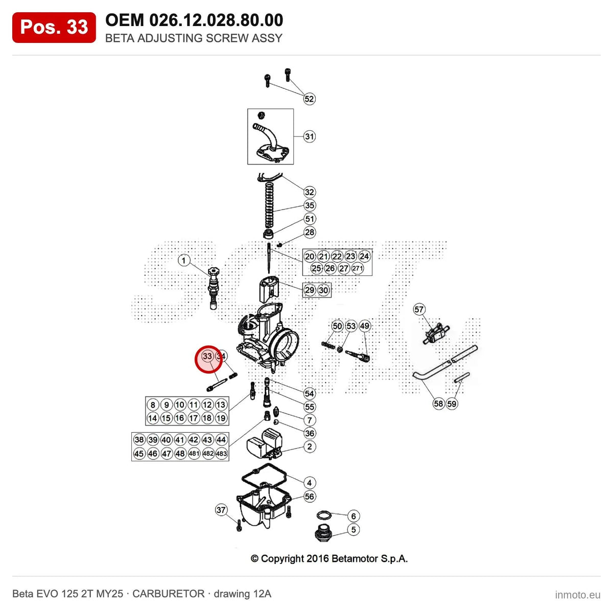 BETA ADJUSTING SCREW ASSY – OEM 026.12.028.80.00, position 33 on the Beta EVO 125 2T MY25 carburetor drawing