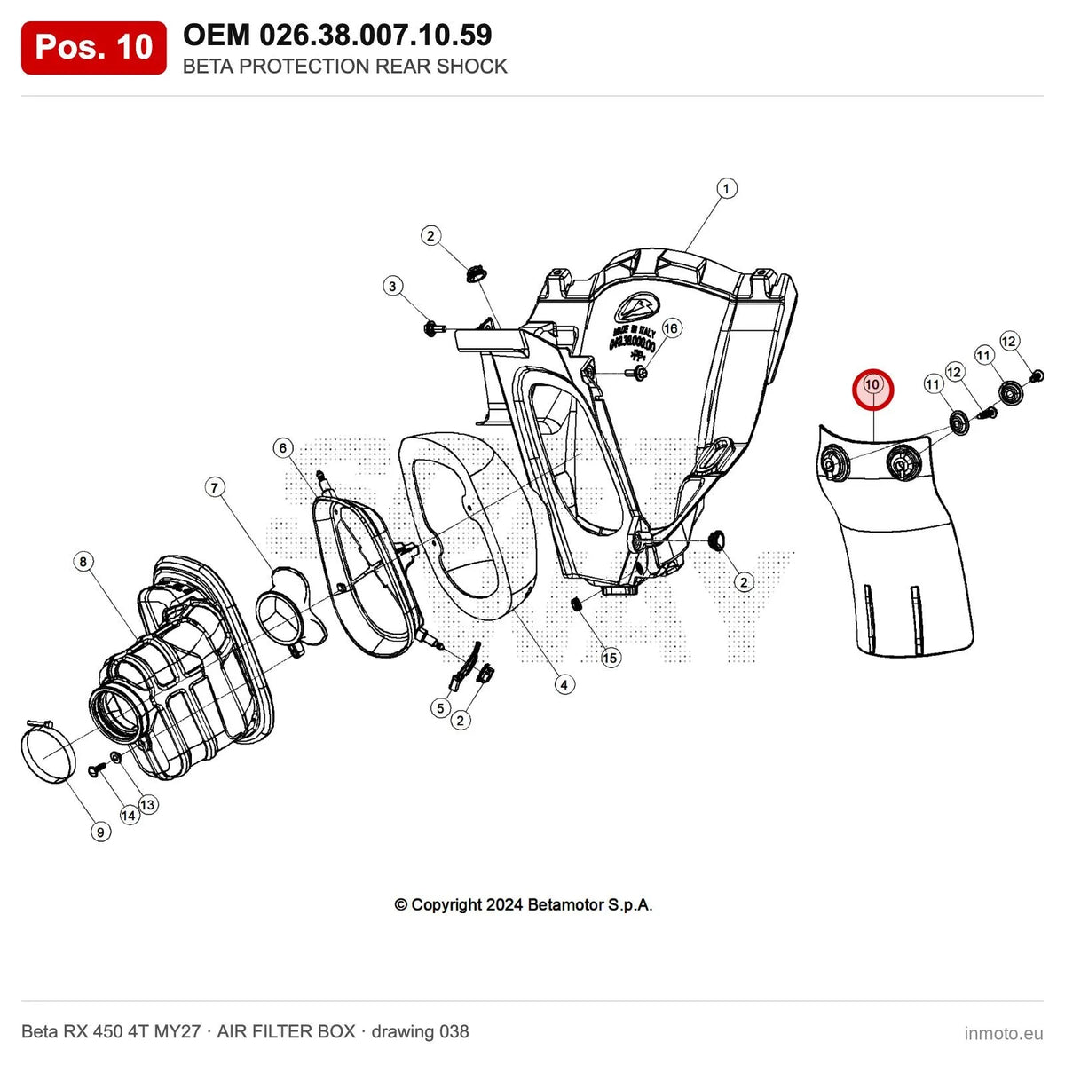 BETA PROTECTION REAR SHOCK – OEM 026.38.007.10.59, position 10 on the Beta RX 450 4T MY27 air filter box drawing