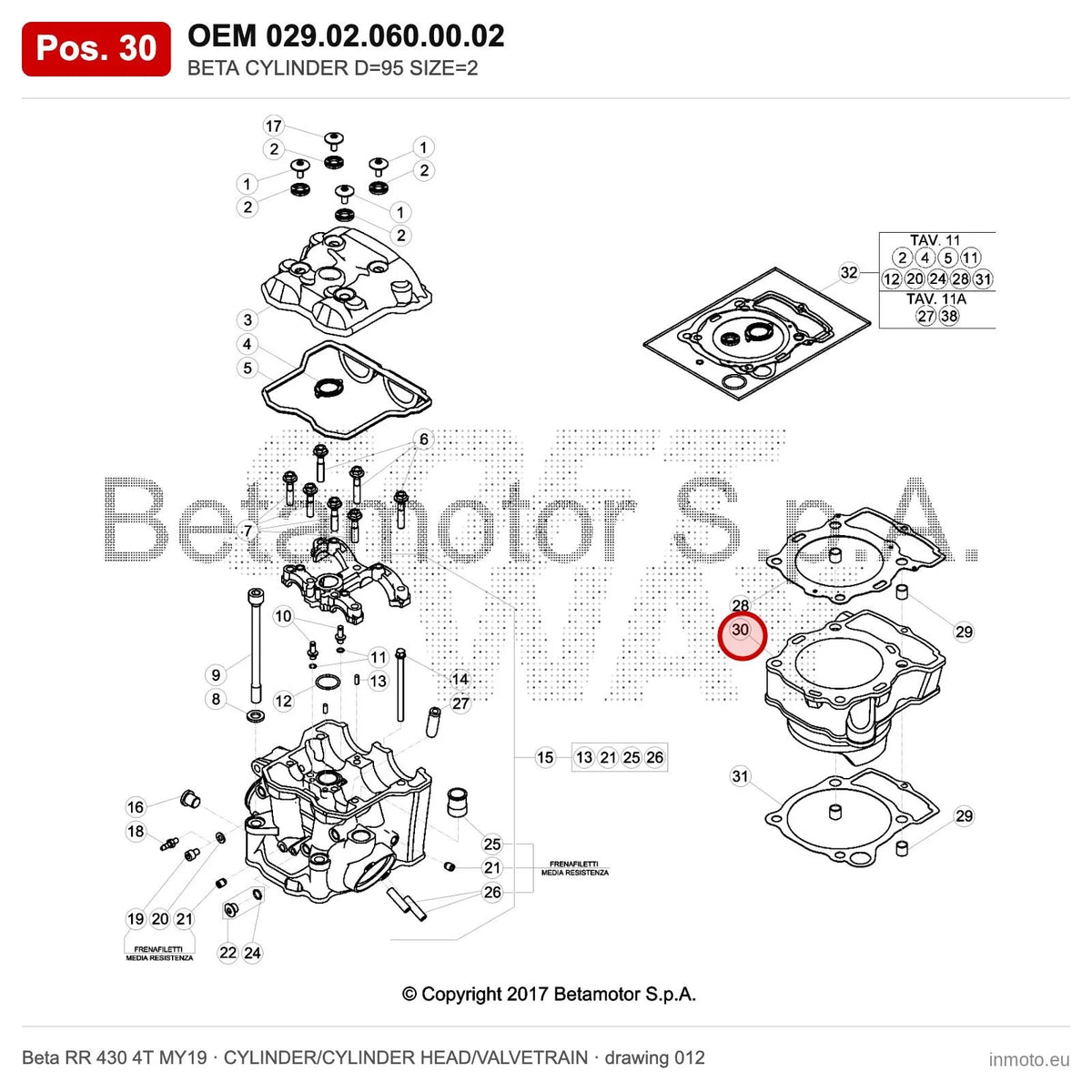 BETA CYLINDER D=95 SIZE=2 – OEM 029.02.060.00.02, position 30 on the Beta RR 430 4T MY19 cylinder/cylinder head/valvetrain drawing