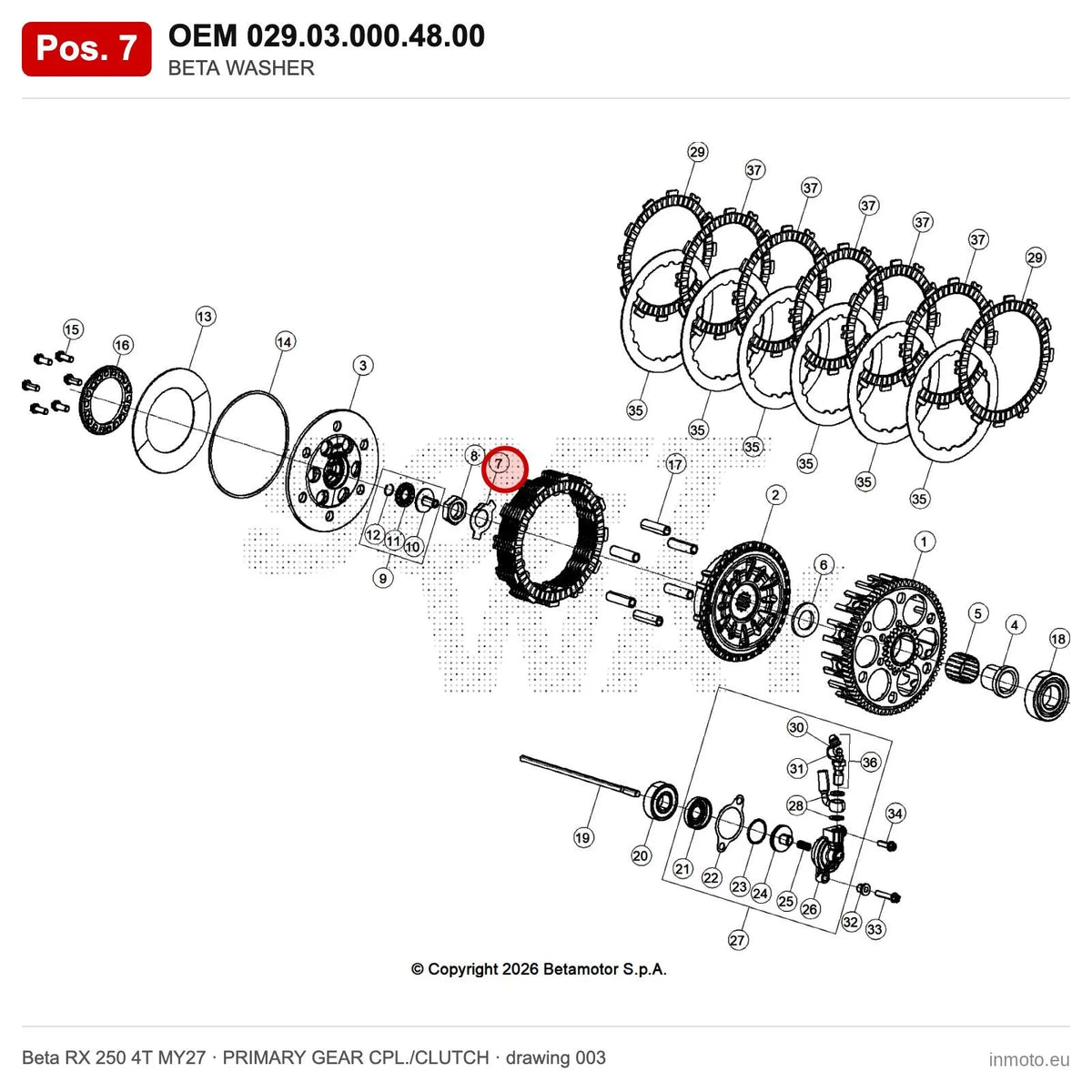 BETA WASHER – OEM 029.03.000.48.00, position 7 on the Beta RX 250 4T MY27 primary gear cpl./clutch drawing