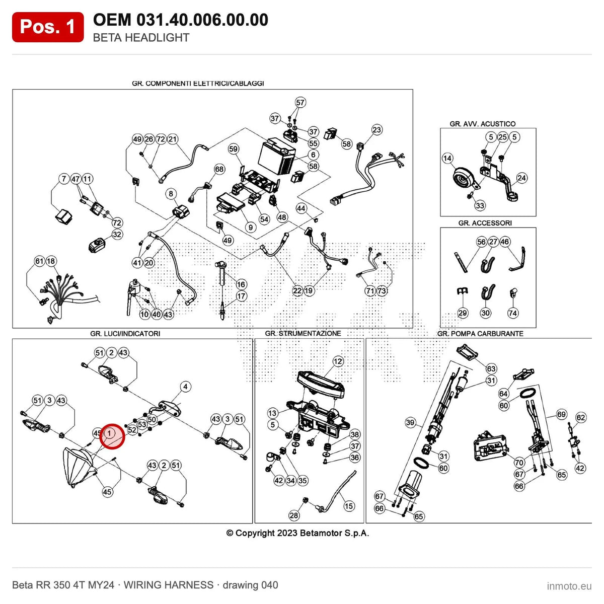 BETA HEADLIGHT – OEM 031.40.006.00.00, position 1 on the Beta RR 350 4T MY24 wiring harness drawing