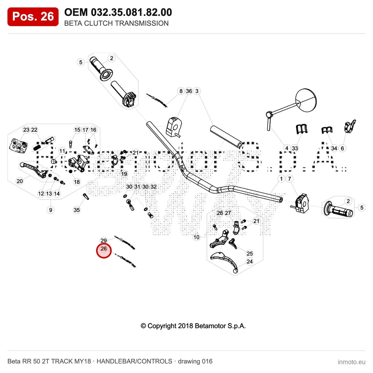 BETA CLUTCH TRANSMISSION – OEM 032.35.081.82.00, position 26 on the Beta RR 50 2T TRACK MY18 handlebar/controls drawing
