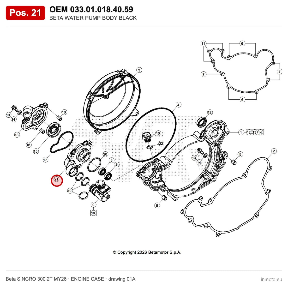 BETA WATER PUMP BODY BLACK – OEM 033.01.018.40.59, position 21 on the Beta SINCRO 300 2T MY26 engine case drawing