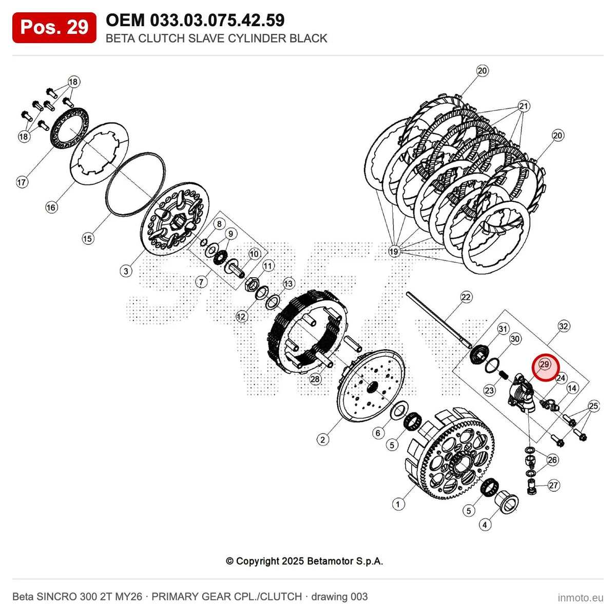 BETA CLUTCH SLAVE CYLINDER BLACK – OEM 033.03.075.42.59, position 29 on the Beta SINCRO 300 2T MY26 primary gear cpl./clutch drawing