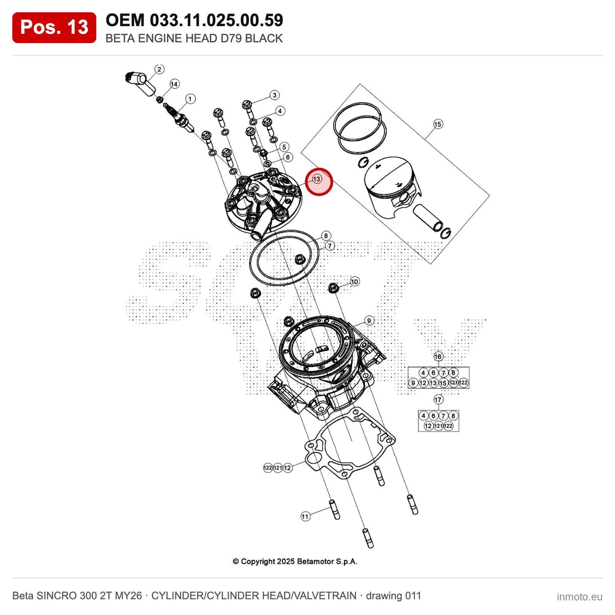 BETA ENGINE HEAD D79 BLACK – OEM 033.11.025.00.59, position 13 on the Beta SINCRO 300 2T MY26 cylinder/cylinder head/valvetrain drawing