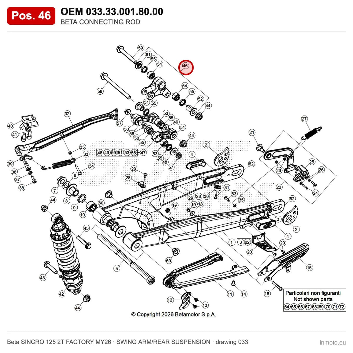 BETA CONNECTING ROD – OEM 033.33.001.80.00, position 46 on the Beta SINCRO 125 2T FACTORY MY26 swing arm/rear suspension drawing