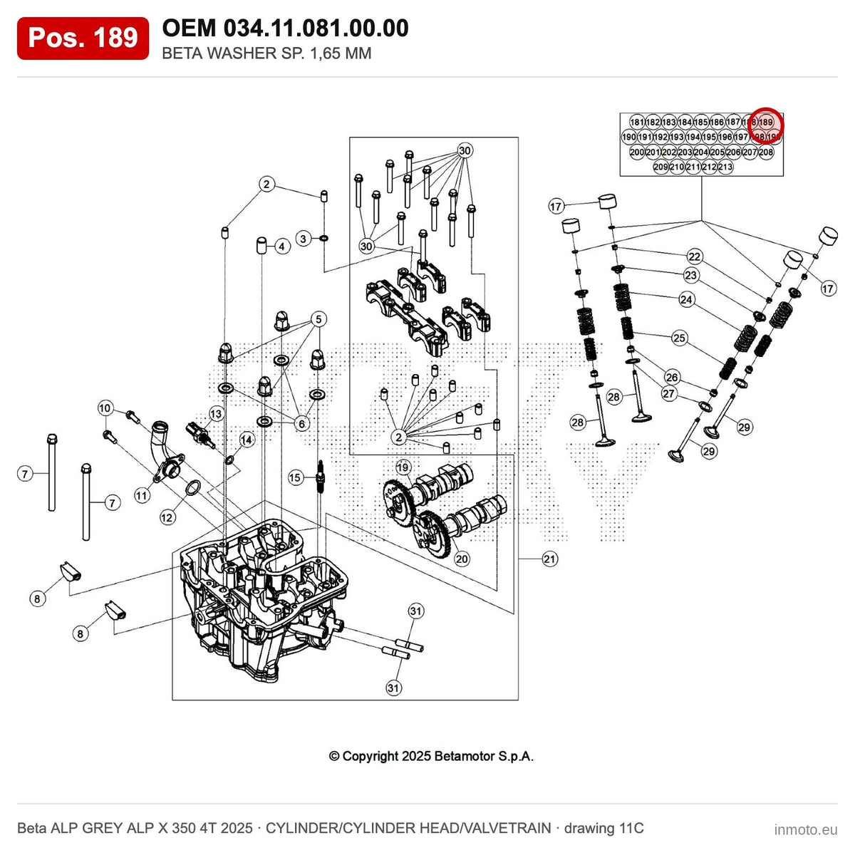 BETA WASHER SP. 1,65 MM – OEM 034.11.081.00.00, position 189 on the Beta ALP GREY ALP X 350 4T 2025 cylinder/cylinder head/valvetrain drawing