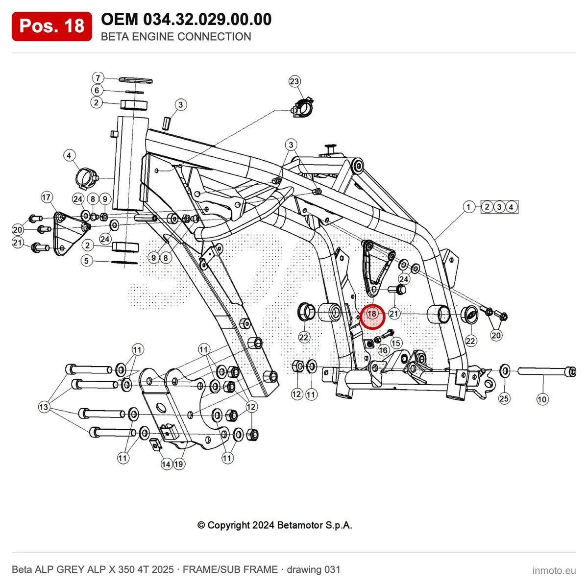 BETA ENGINE CONNECTION – OEM 034.32.029.00.00, position 18 on the Beta ALP GREY ALP X 350 4T 2025 frame/sub frame drawing