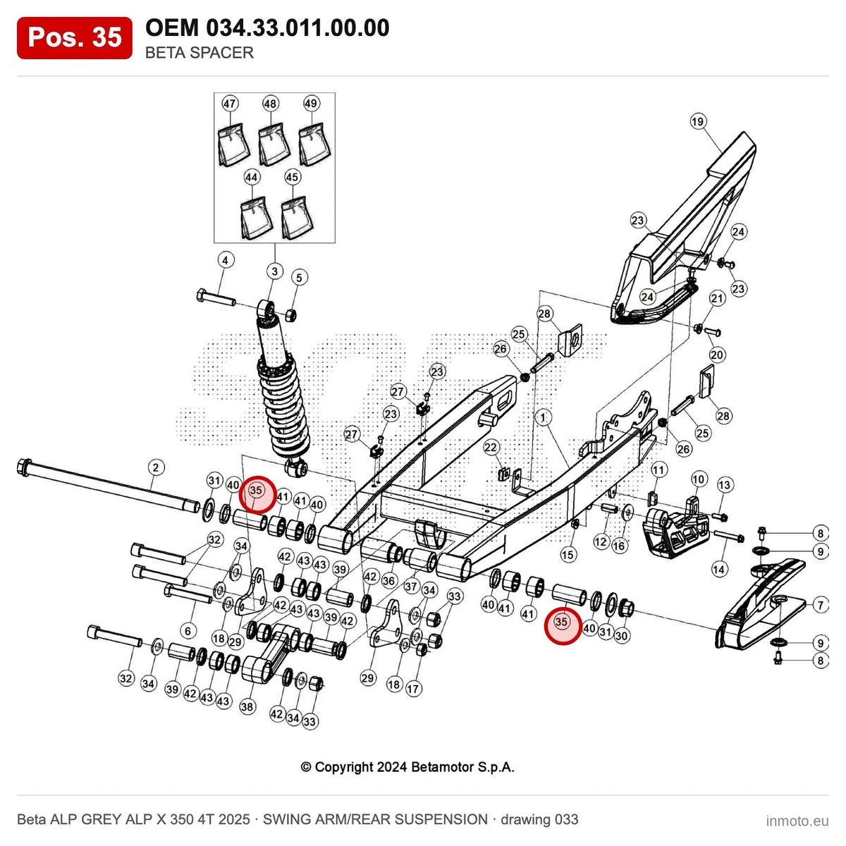 BETA SPACER – OEM 034.33.011.00.00, position 35 on the Beta ALP GREY ALP X 350 4T 2025 swing arm/rear suspension drawing