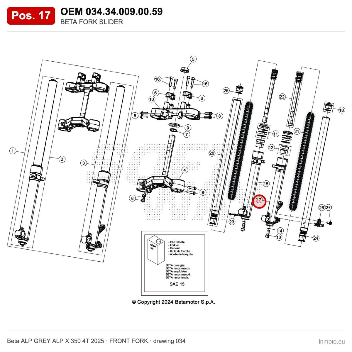 BETA FORK SLIDER – OEM 034.34.009.00.59, position 17 on the Beta ALP GREY ALP X 350 4T 2025 front fork drawing