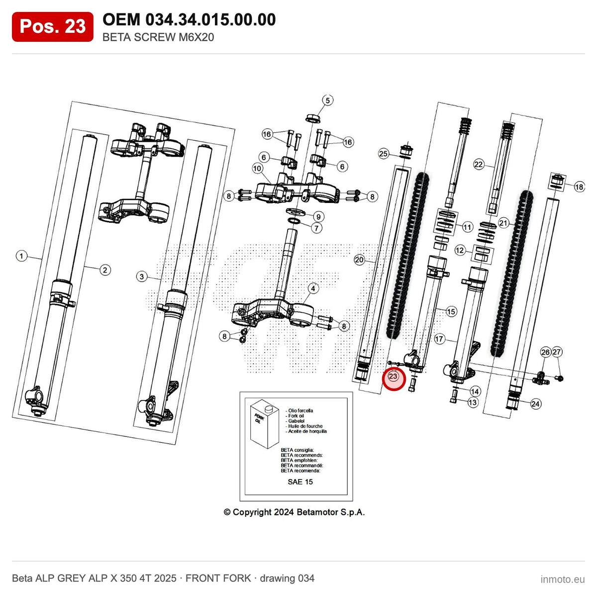 BETA SCREW M6X20 – OEM 034.34.015.00.00, position 23 on the Beta ALP GREY ALP X 350 4T 2025 front fork drawing