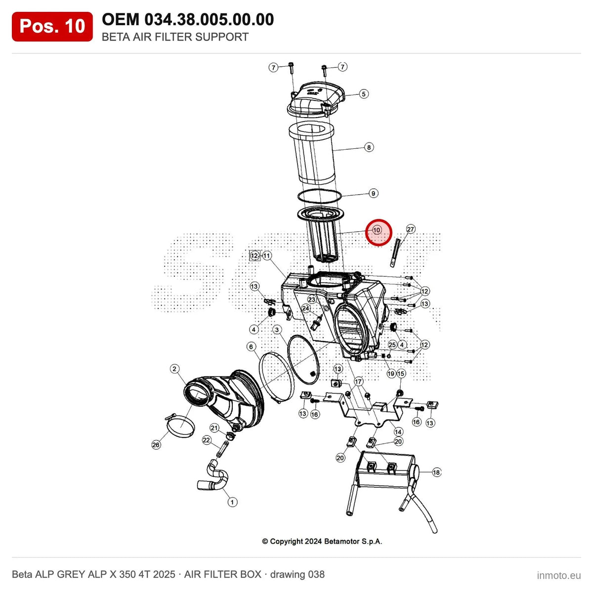 BETA AIR FILTER SUPPORT – OEM 034.38.005.00.00, position 10 on the Beta ALP GREY ALP X 350 4T 2025 air filter box drawing