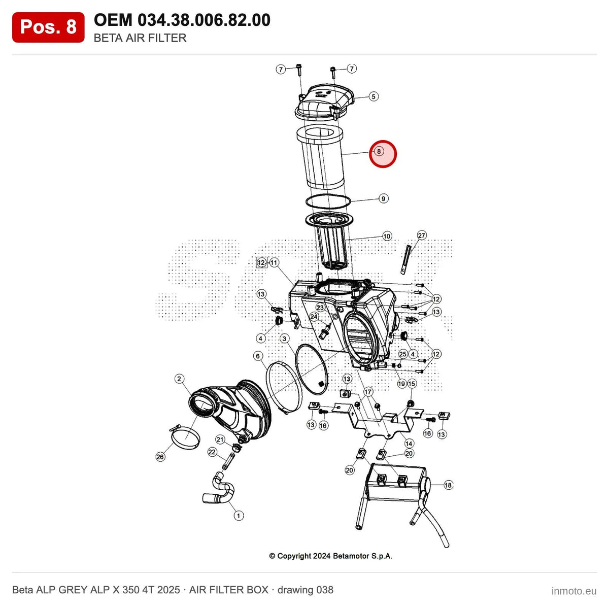 BETA AIR FILTER – OEM 034.38.006.82.00, position 8 on the Beta ALP GREY ALP X 350 4T 2025 air filter box drawing