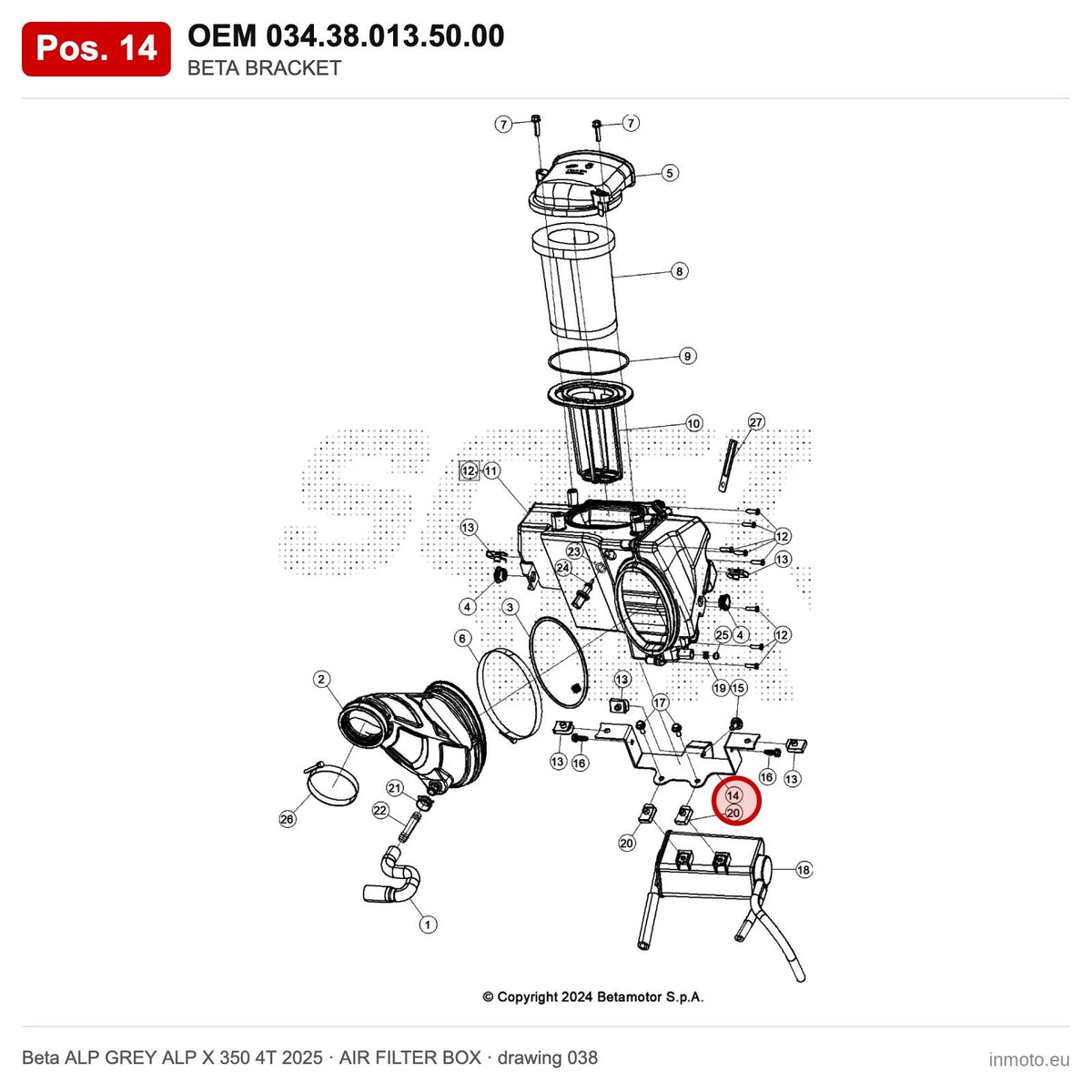 BETA BRACKET – OEM 034.38.013.50.00, position 14 on the Beta ALP GREY ALP X 350 4T 2025 air filter box drawing