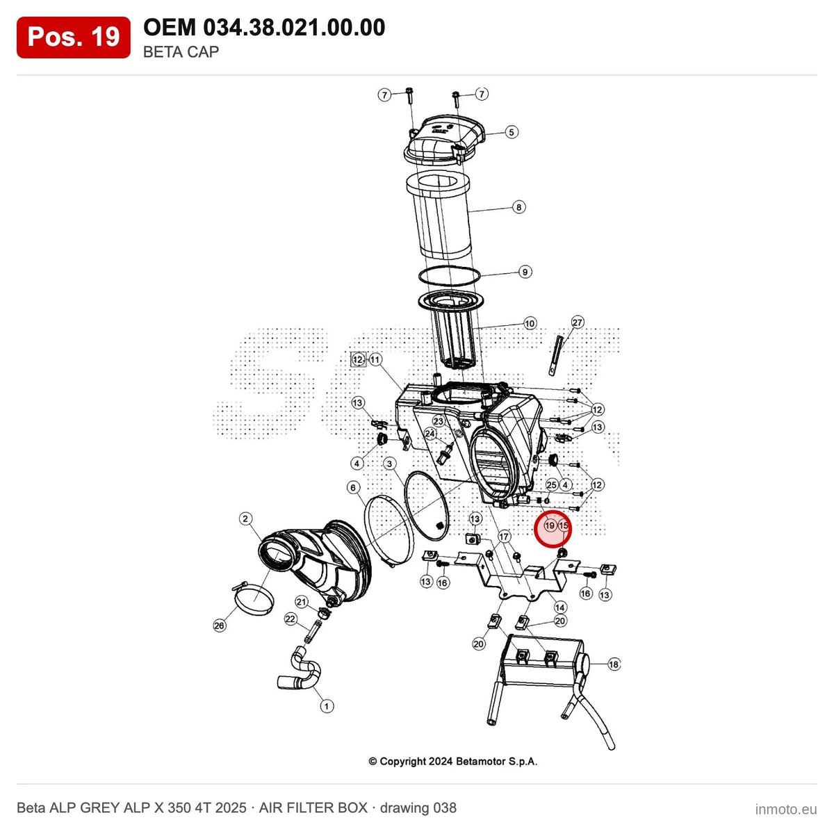 BETA CAP – OEM 034.38.021.00.00, position 19 on the Beta ALP GREY ALP X 350 4T 2025 air filter box drawing