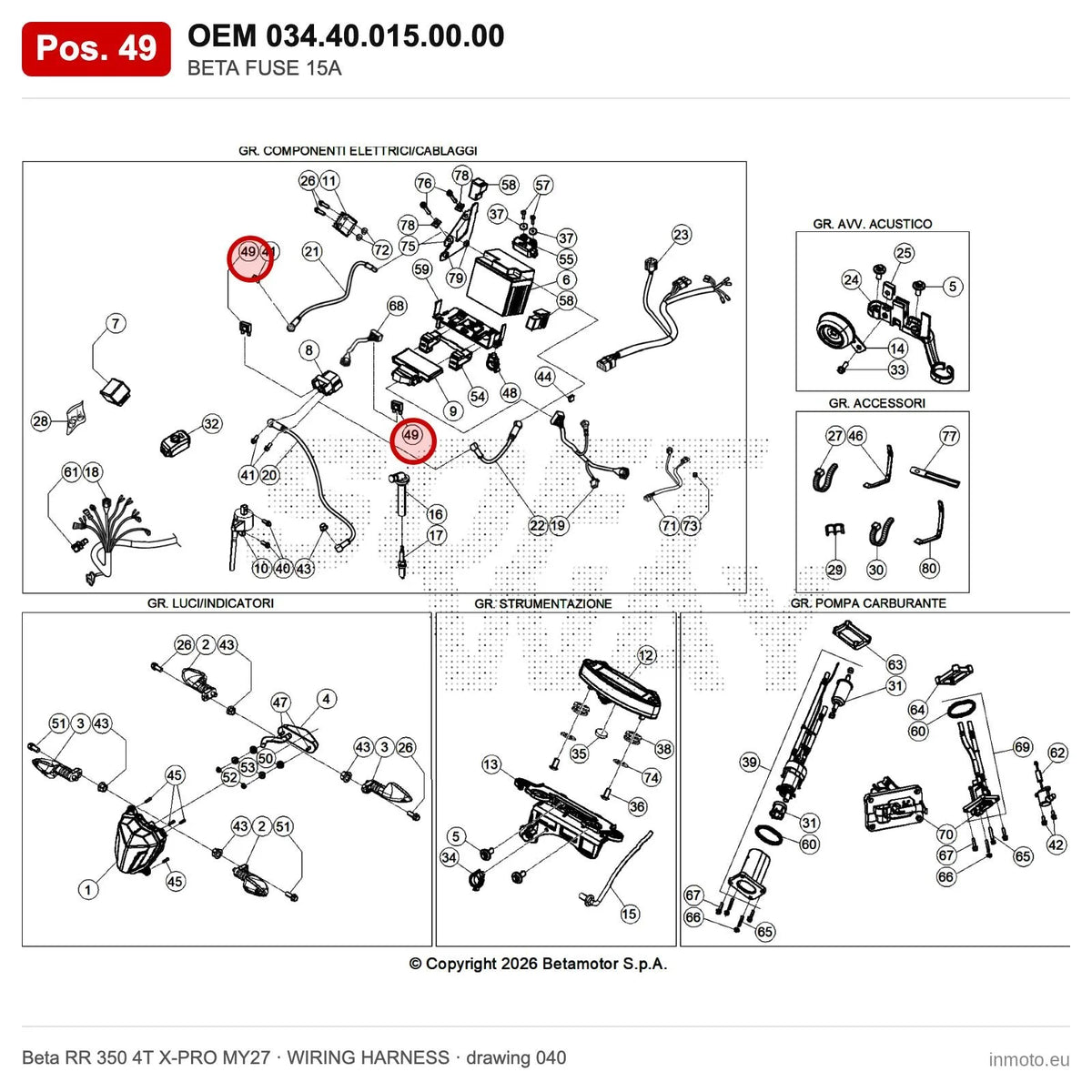 BETA FUSE 15A – OEM 034.40.015.00.00, position 49 on the Beta RR 350 4T X-PRO MY27 wiring harness drawing