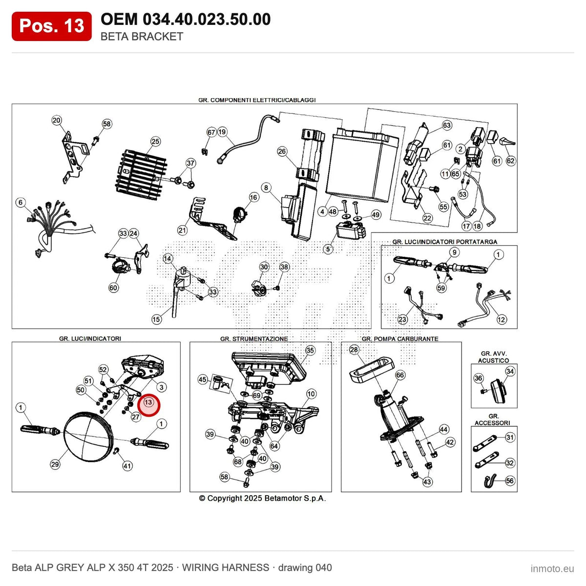 BETA BRACKET – OEM 034.40.023.50.00, position 13 on the Beta ALP GREY ALP X 350 4T 2025 wiring harness drawing