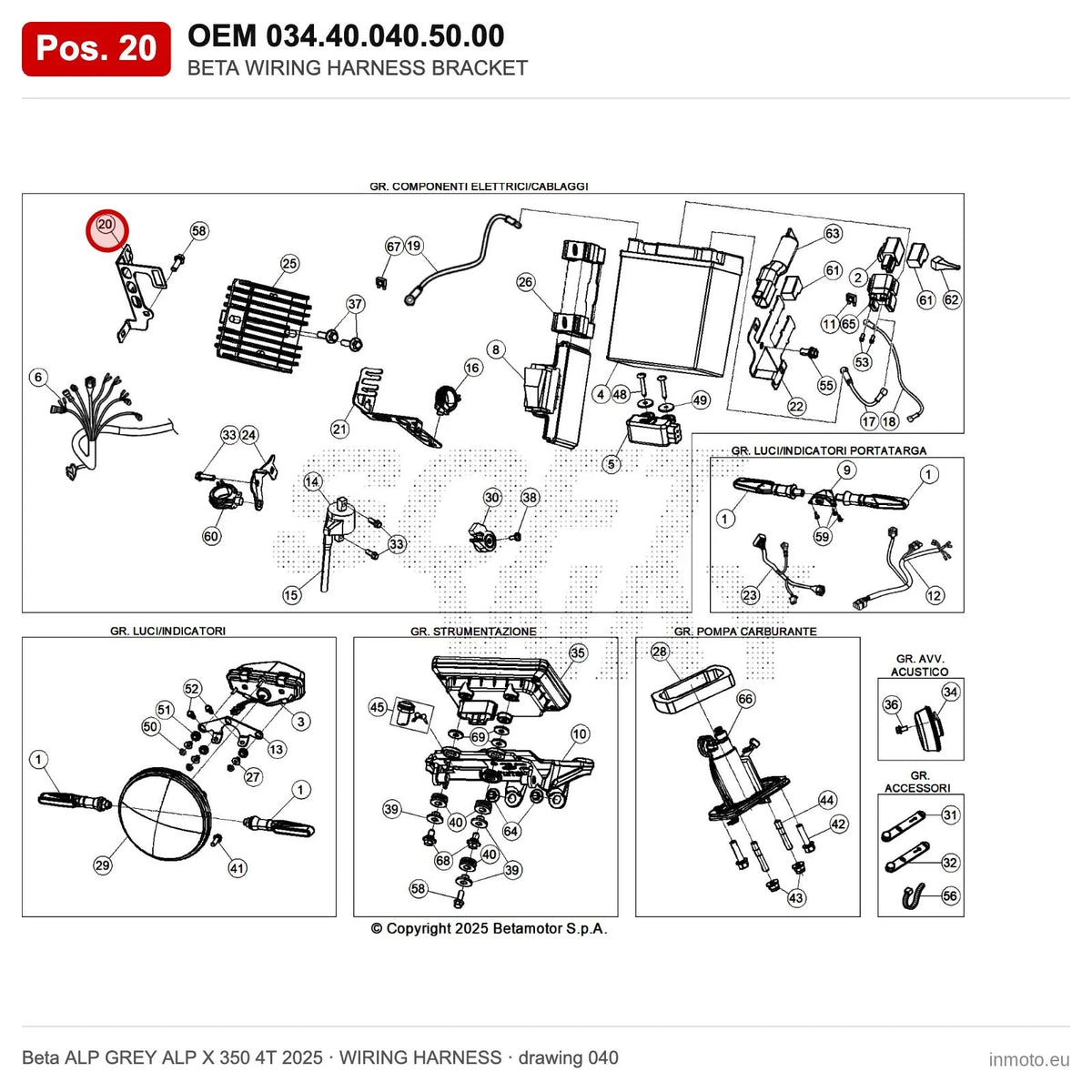 BETA WIRING HARNESS BRACKET – OEM 034.40.040.50.00, position 20 on the Beta ALP GREY ALP X 350 4T 2025 wiring harness drawing