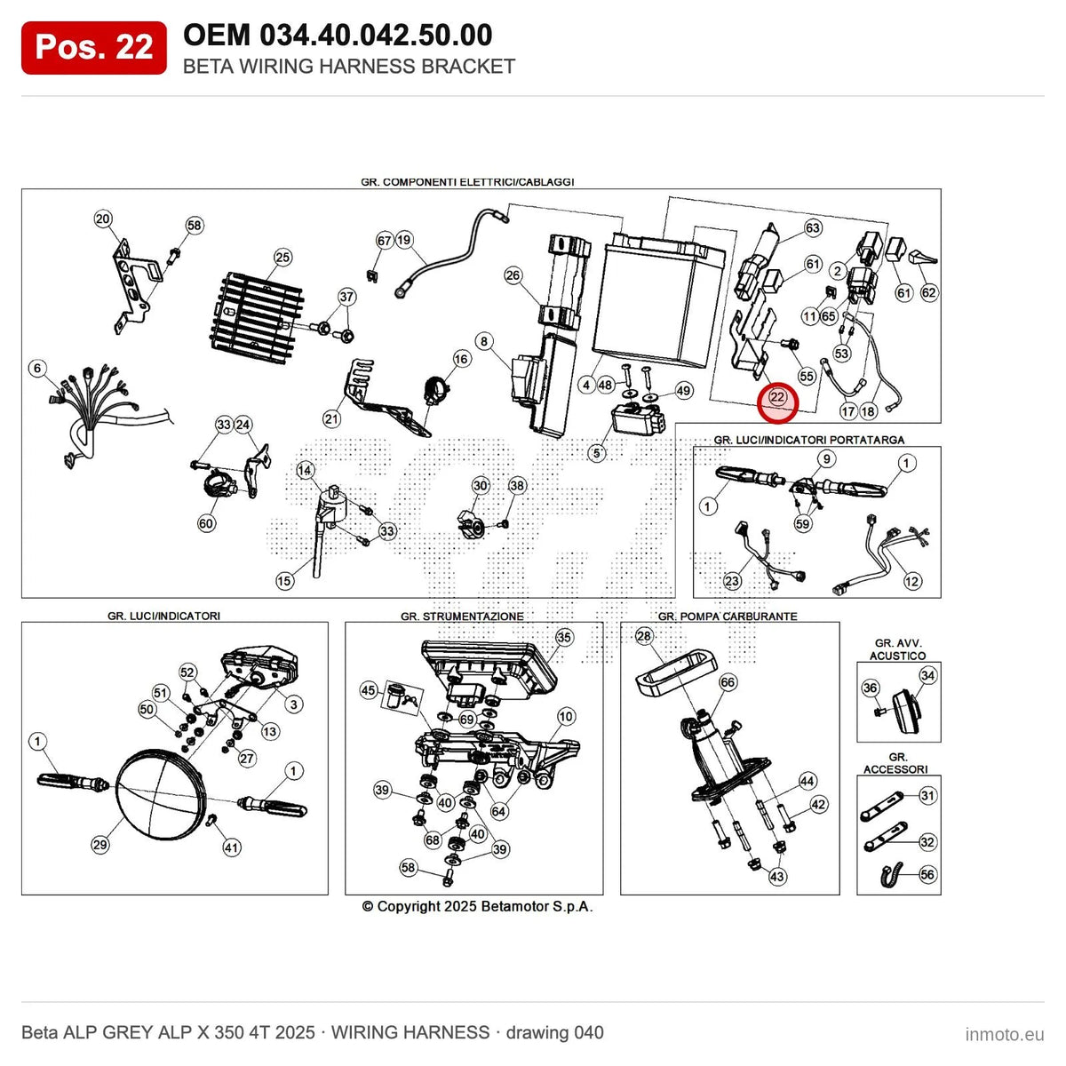 BETA WIRING HARNESS BRACKET – OEM 034.40.042.50.00, position 22 on the Beta ALP GREY ALP X 350 4T 2025 wiring harness drawing