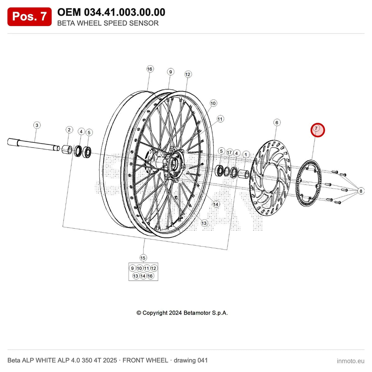 BETA WHEEL SPEED SENSOR – OEM 034.41.003.00.00, position 7 on the Beta ALP WHITE ALP 4.0 350 4T 2025 front wheel drawing