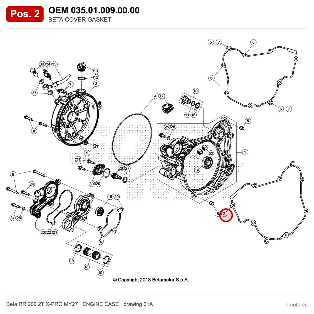 BETA COVER GASKET – OEM 035.01.009.00.00, position 2 on the Beta RR 200 2T X-PRO MY27 engine case drawing