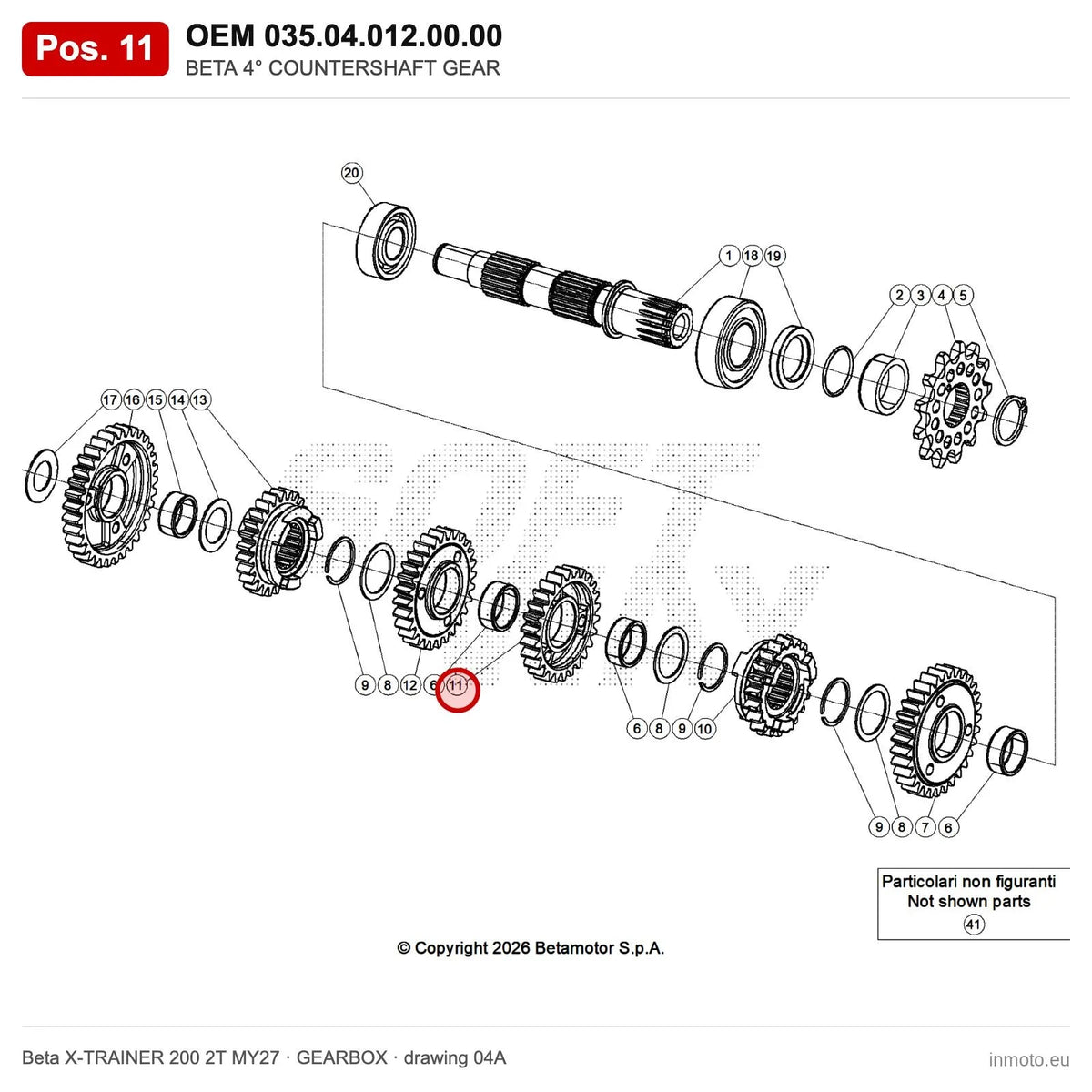BETA 4° COUNTERSHAFT GEAR – OEM 035.04.012.00.00, position 11 on the Beta X-TRAINER 200 2T MY27 gearbox drawing