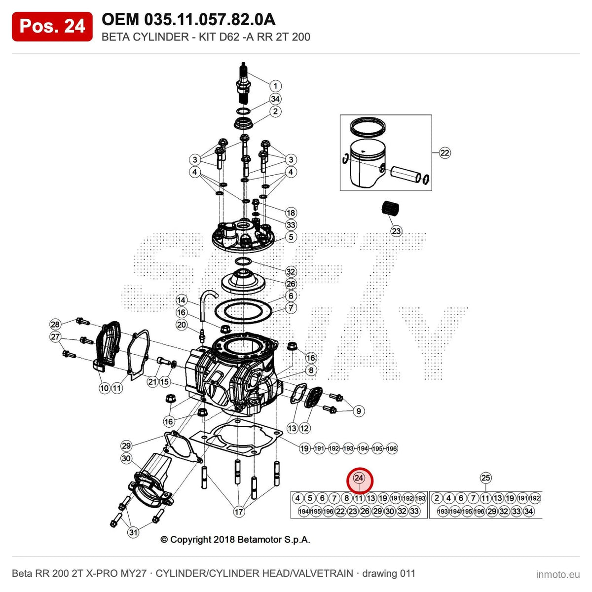 BETA CYLINDER - KIT D62 -A RR 2T 200 – OEM 035.11.057.82.0A, position 24 on the Beta RR 200 2T X-PRO MY27 cylinder/cylinder head/valvetrain drawing