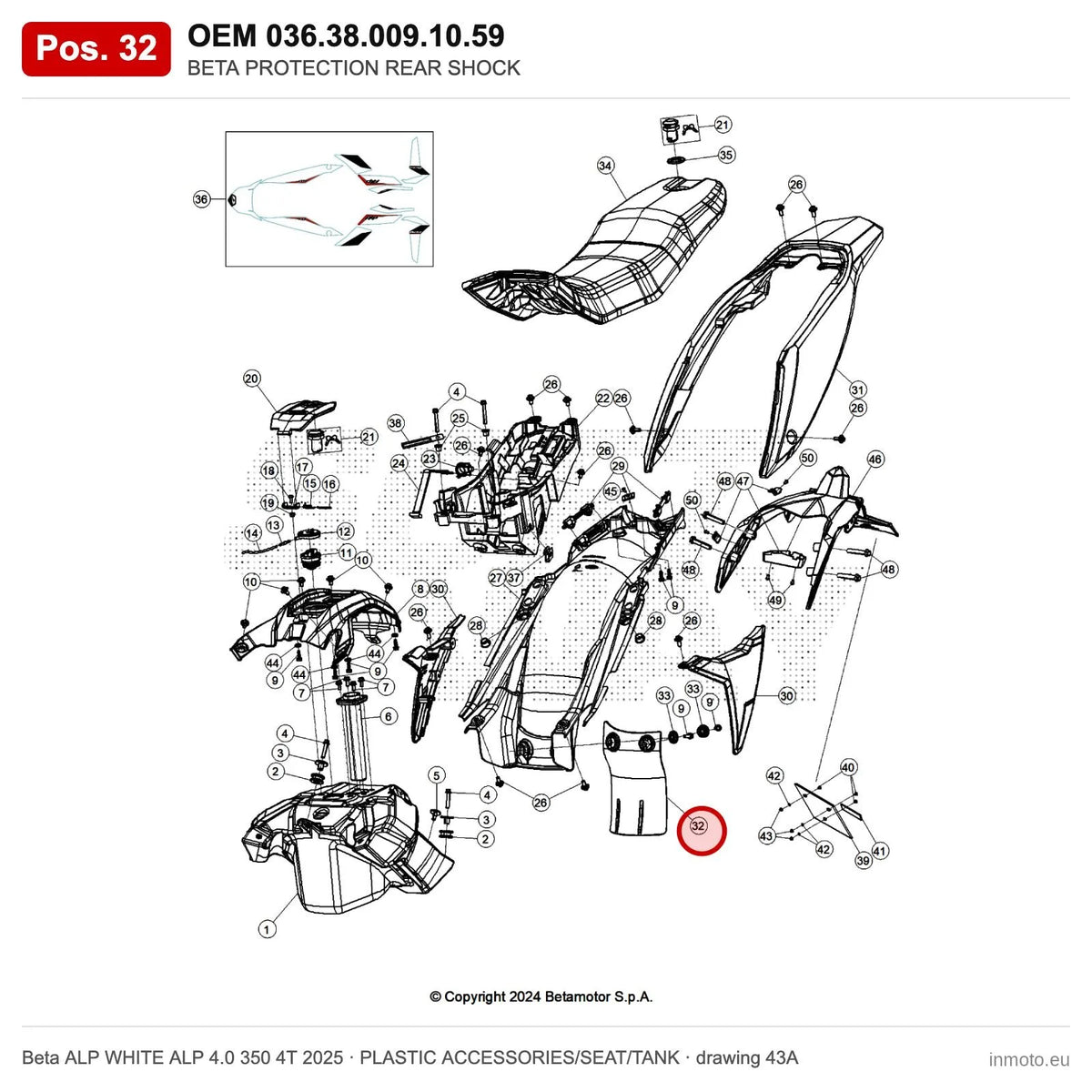 BETA PROTECTION REAR SHOCK – OEM 036.38.009.10.59, position 32 on the Beta ALP WHITE ALP 4.0 350 4T 2025 plastic accessories/seat/tank drawing