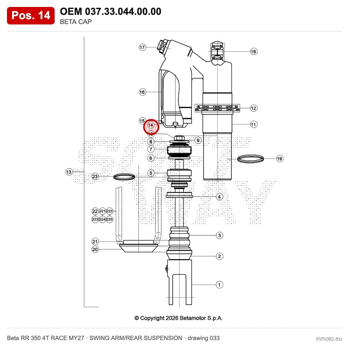 BETA CAP – OEM 037.33.044.00.00, position 14 on the Beta RR 350 4T RACE MY27 swing arm/rear suspension drawing