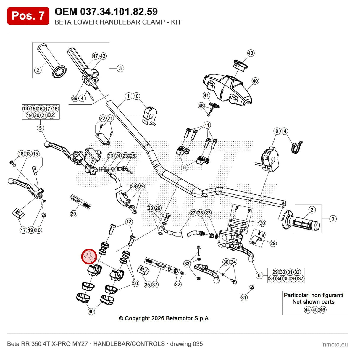 BETA LOWER HANDLEBAR CLAMP - KIT – OEM 037.34.101.82.59, position 7 on the Beta RR 350 4T X-PRO MY27 handlebar/controls drawing