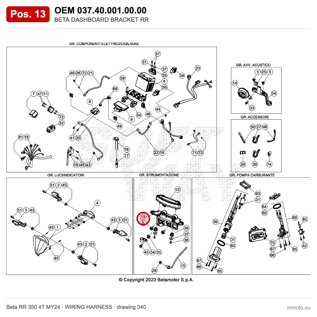 BETA DASHBOARD BRACKET RR – OEM 037.40.001.00.00, position 13 on the Beta RR 350 4T MY24 wiring harness drawing