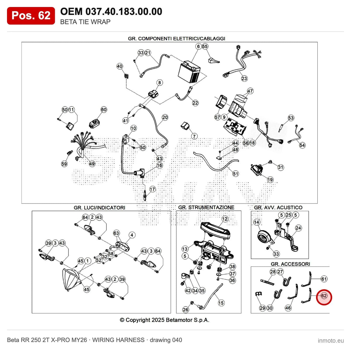 BETA TIE WRAP – OEM 037.40.183.00.00, position 62 on the Beta RR 250 2T X-PRO MY26 wiring harness drawing