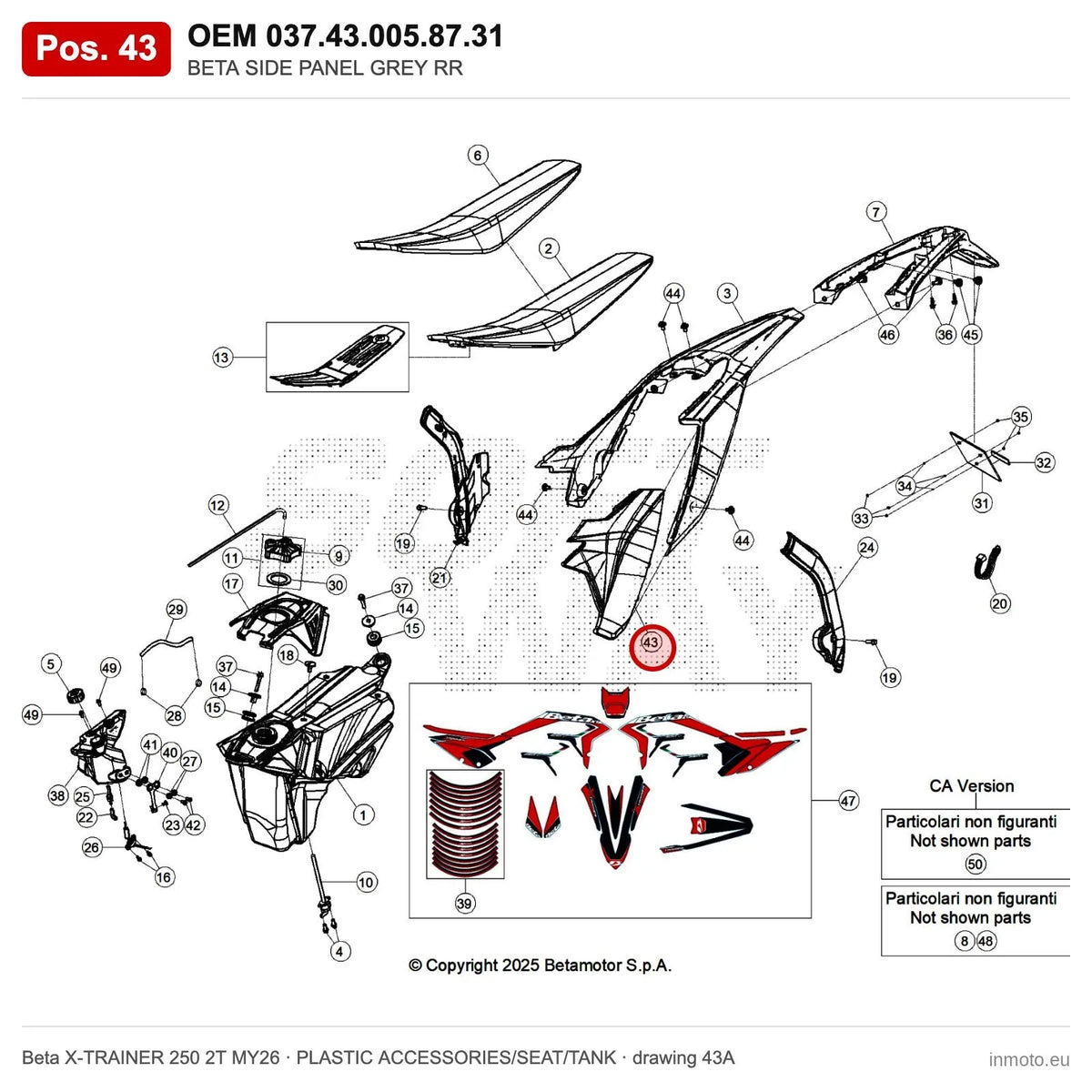 BETA SIDE PANEL GREY RR – OEM 037.43.005.87.31, position 43 on the Beta X-TRAINER 250 2T MY26 plastic accessories/seat/tank drawing