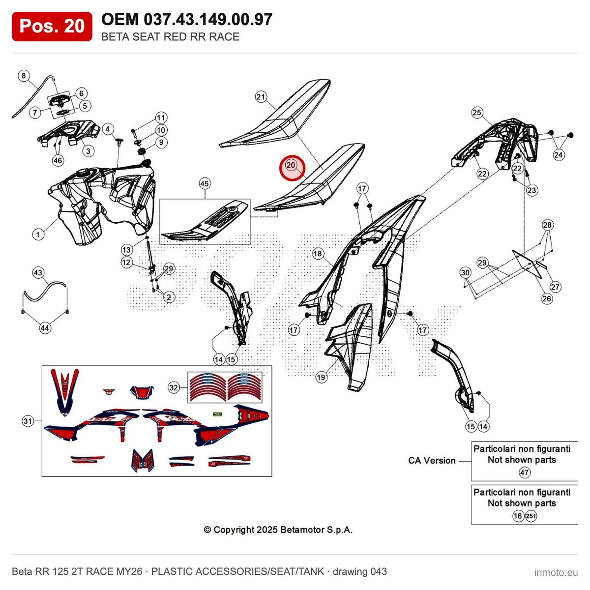 BETA SEAT RED RR RACE – OEM 037.43.149.00.97, position 20 on the Beta RR 125 2T RACE MY26 plastic accessories/seat/tank drawing