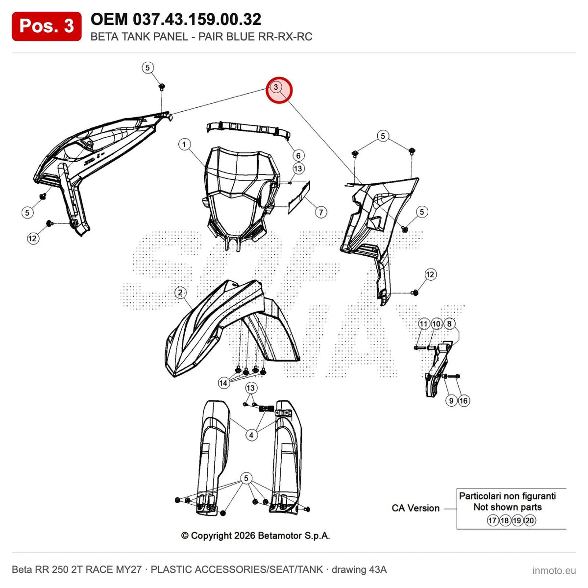 BETA TANK PANEL - PAIR BLUE RR-RX-RC – OEM 037.43.159.00.32, position 3 on the Beta RR 250 2T RACE MY27 plastic accessories/seat/tank drawing