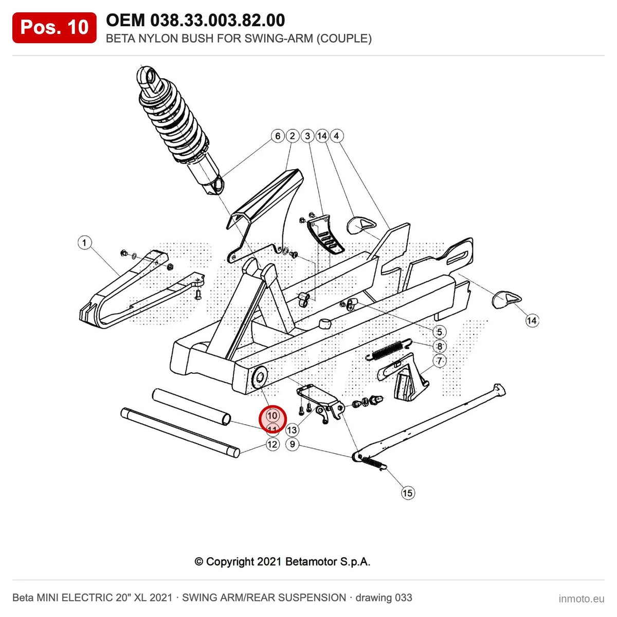 BETA NYLON BUSH FOR SWING-ARM (COUPLE) – OEM 038.33.003.82.00, position 10 on the Beta MINI ELECTRIC 20" XL 2021 swing arm/rear suspension drawing