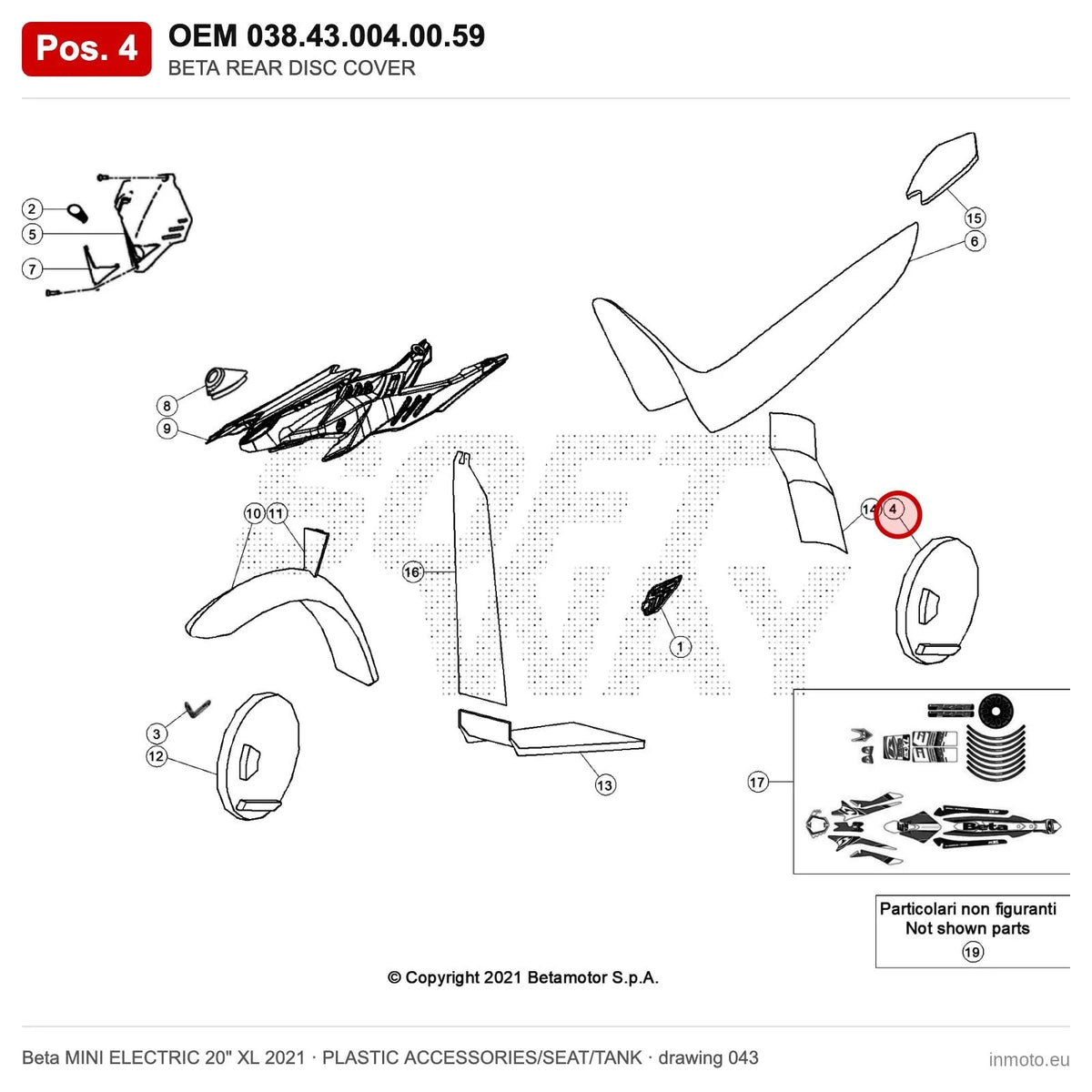 BETA REAR DISC COVER – OEM 038.43.004.00.59, position 4 on the Beta MINI ELECTRIC 20" XL 2021 plastic accessories/seat/tank drawing