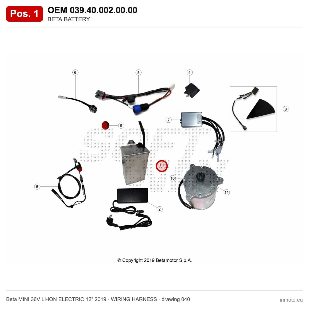 BETA BATTERY – OEM 039.40.002.00.00, position 1 on the Beta MINI 36V LI-ION ELECTRIC 12" 2019 wiring harness drawing