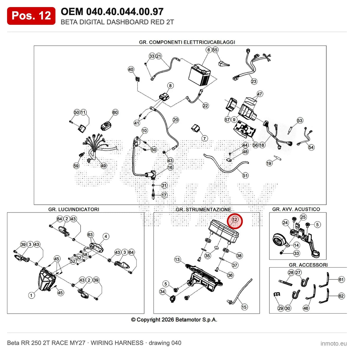 BETA DIGITAL DASHBOARD RED 2T – OEM 040.40.044.00.97, position 12 on the Beta RR 250 2T RACE MY27 wiring harness drawing