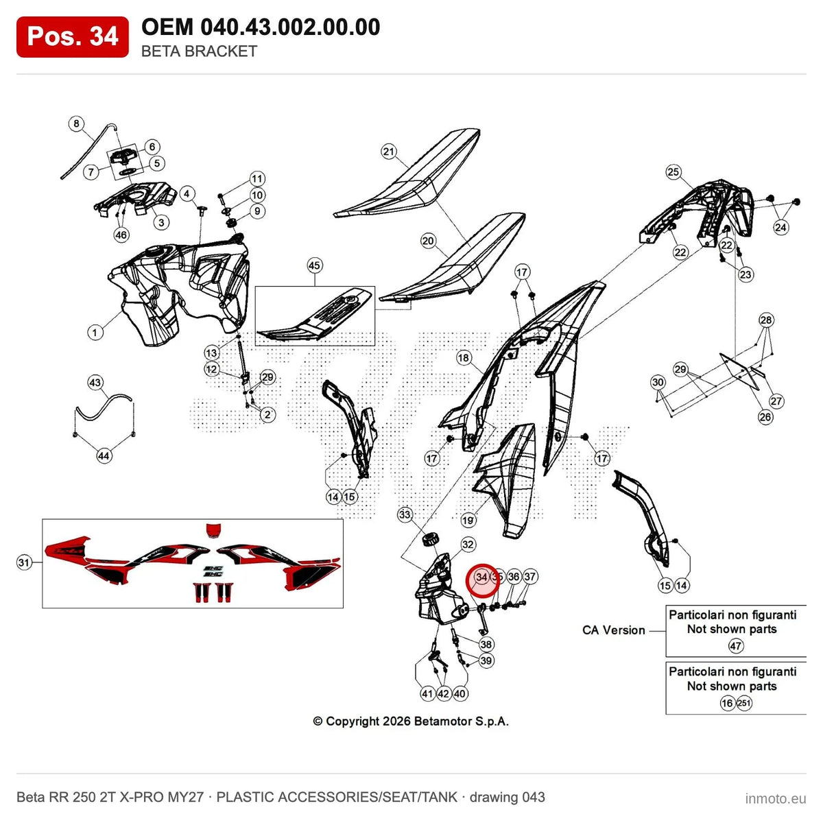 BETA BRACKET – OEM 040.43.002.00.00, position 34 on the Beta RR 250 2T X-PRO MY27 plastic accessories/seat/tank drawing