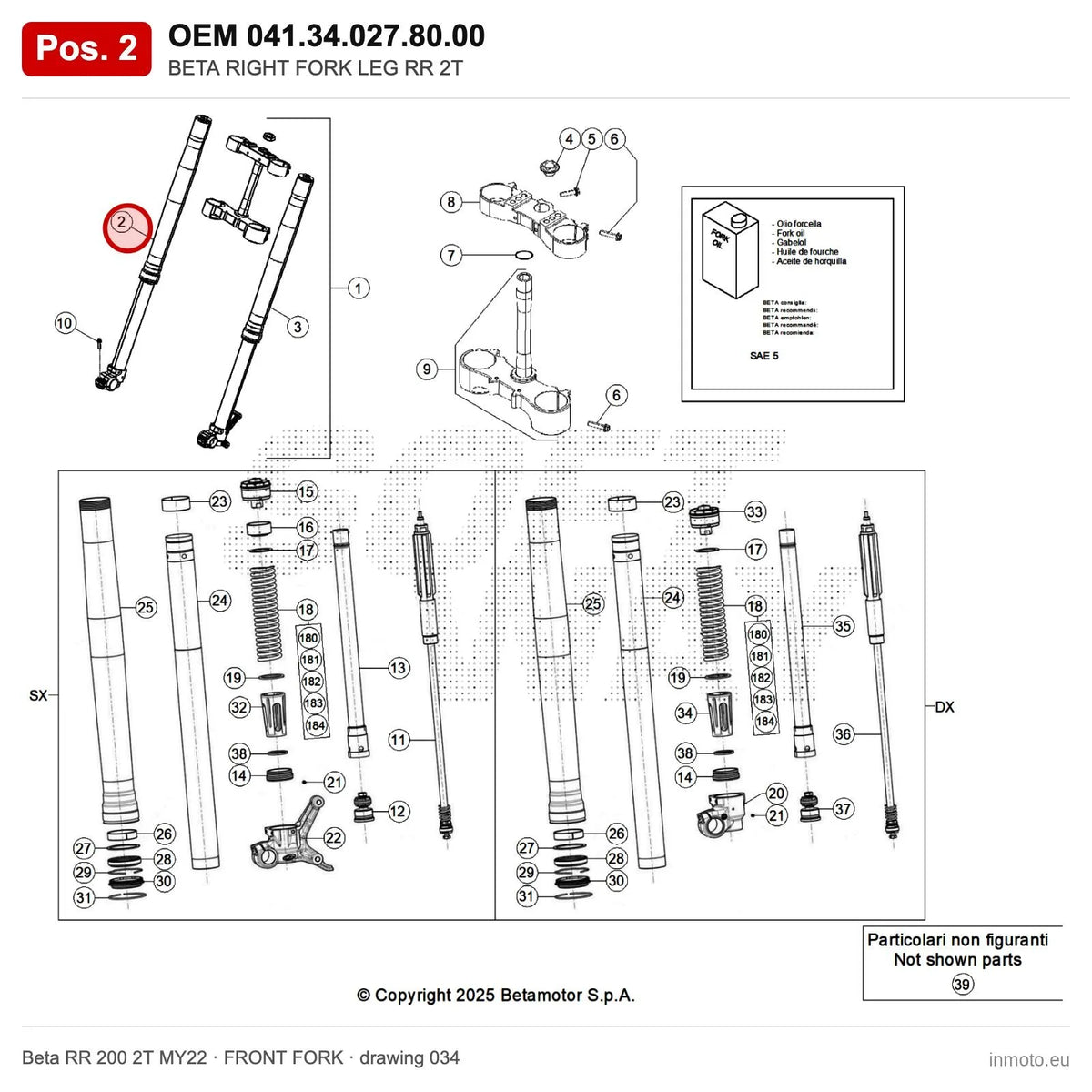 BETA RIGHT FORK LEG RR 2T – OEM 041.34.027.80.00, position 2 on the Beta RR 200 2T MY22 front fork drawing
