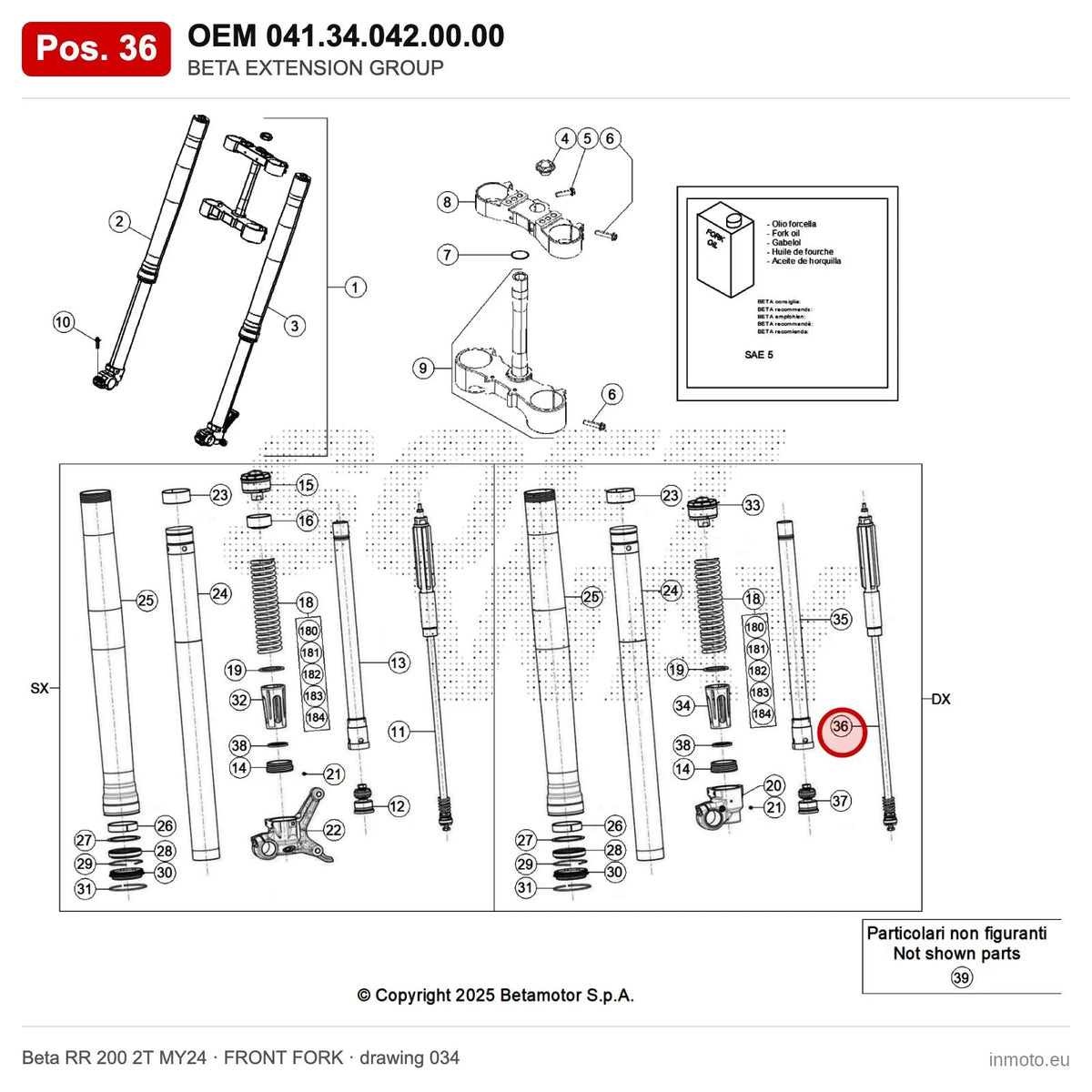 BETA EXTENSION GROUP – OEM 041.34.042.00.00, position 36 on the Beta RR 200 2T MY24 front fork drawing